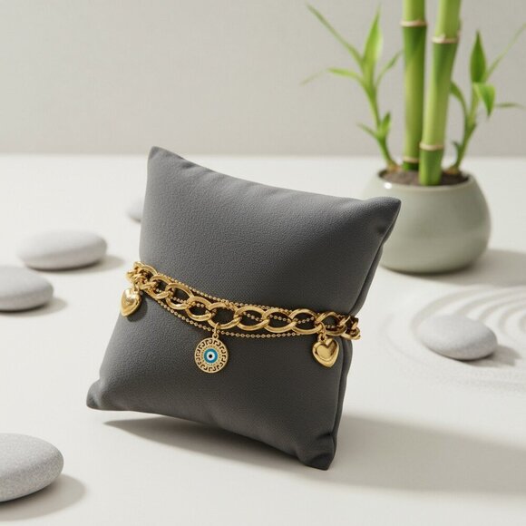 Double Chain 18K Gold Plated Stainless Steel Bracelet with Heart Evil Eye - Picture 5 of 12